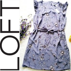 LOFT Purple Flutter Sleeve Floral Midi Dress NWT